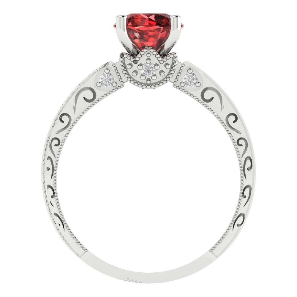 1.06 cttw Natural Garnet Solitaire with Zirconia Simulated Diamond Accents Engagement Ring - Solid White Gold (VVS1, Round Cut,6.5mm)