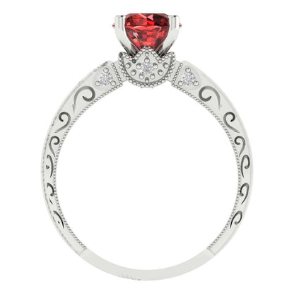 1.06 cttw Natural Garnet Solitaire with Zirconia Simulated Diamond Accents Engagement Ring - Solid White Gold (VVS1, Round Cut,6.5mm)