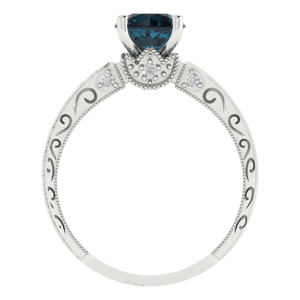 1.06 cttw Natural London Blue Topaz Solitaire with Zirconia Simulated Diamond Accents Engagement Ring - Solid Gold (Round Cut,6.5mm)