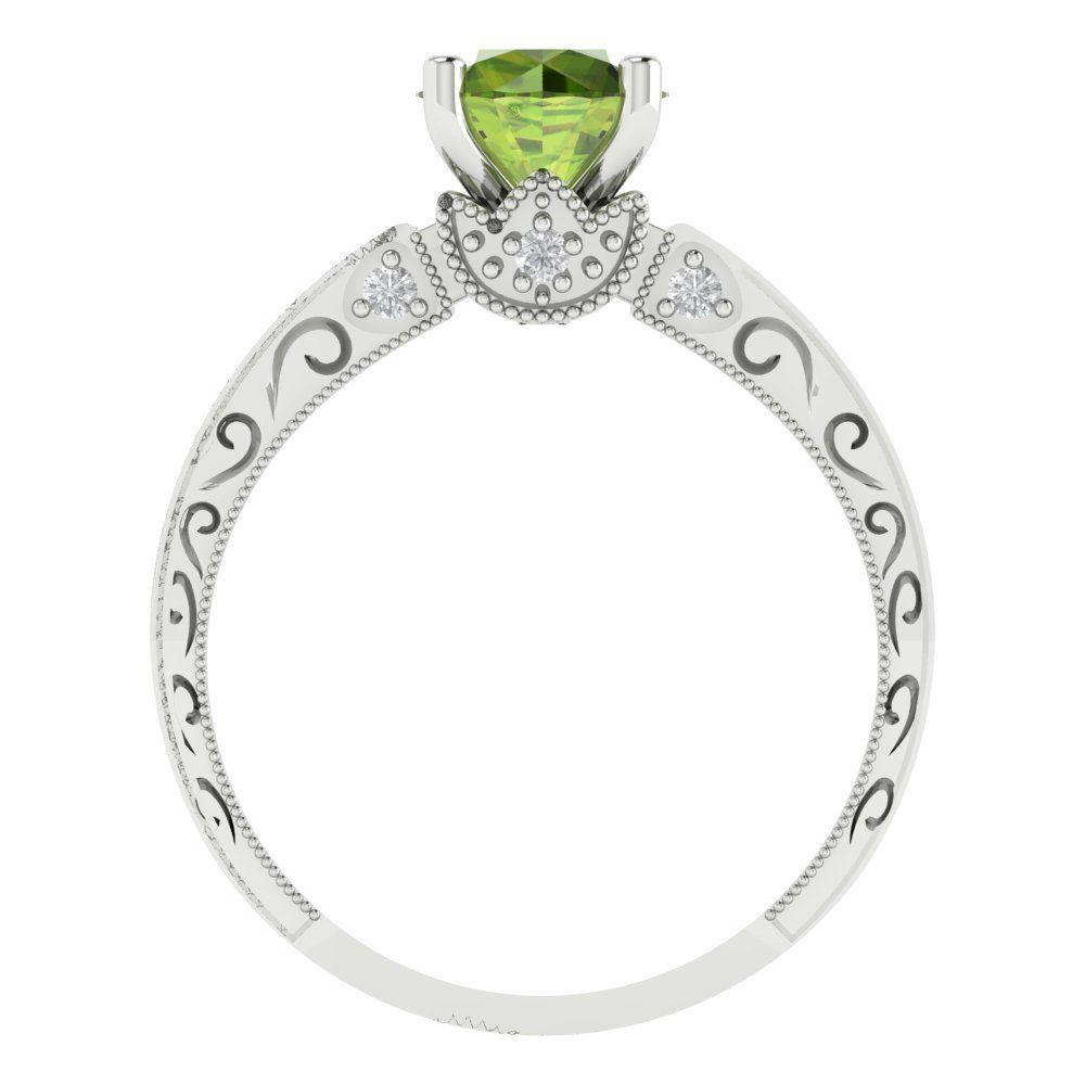 1.06 cttw Natural Peridot Solitaire with Zirconia Simulated Diamond Accents Engagement Ring - Solid Gold (Round Cut,6.5mm)