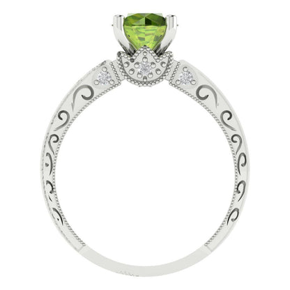 1.06 cttw Natural Peridot Solitaire with Zirconia Simulated Diamond Accents Engagement Ring - Solid Gold (Round Cut,6.5mm)