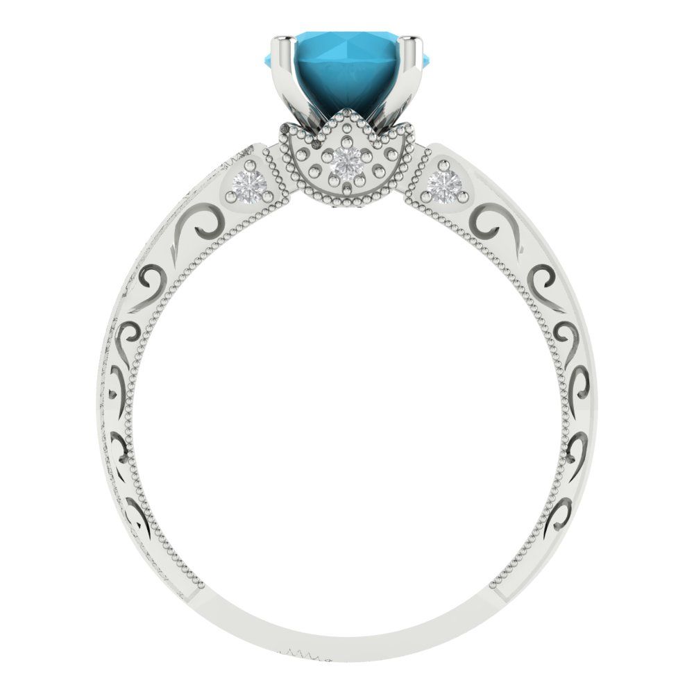 1.06 cttw Simulated Turquoise Solitaire with Zirconia Simulated Diamond Accents Engagement Ring - Solid White Gold (VVS1, Round Cut,6.5mm)
