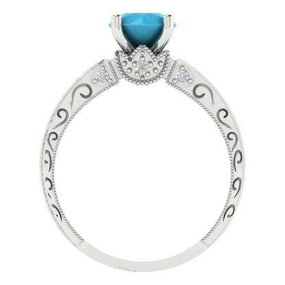 1.06 cttw Simulated Turquoise Solitaire with Zirconia Simulated Diamond Accents Engagement Ring - Solid White Gold (VVS1, Round Cut,6.5mm)
