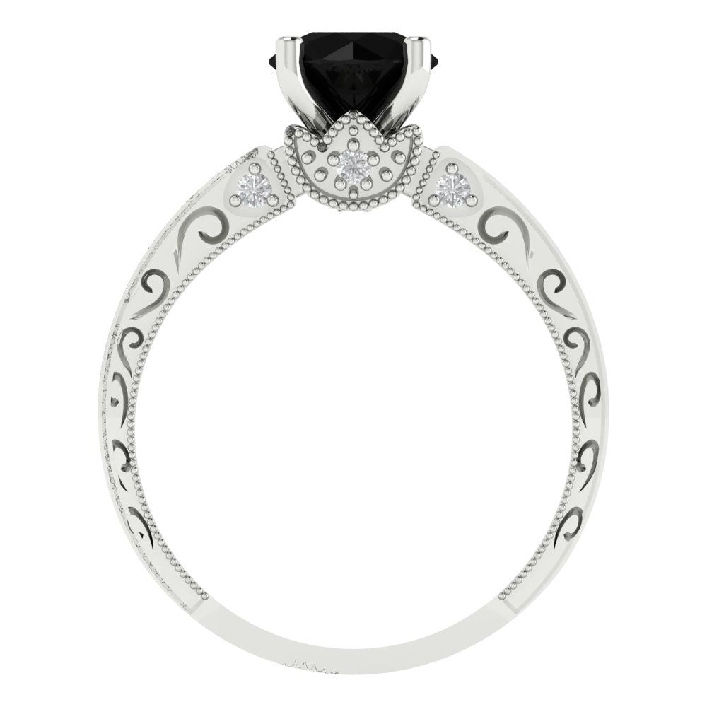 1.06 cttw Natural Onyx Solitaire with Zirconia Simulated Diamond Accents Engagement Ring - Solid White Gold (VVS1, Round Cut,6.5mm)