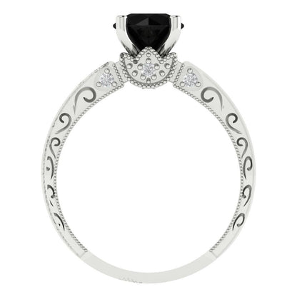1.06 cttw Natural Onyx Solitaire with Zirconia Simulated Diamond Accents Engagement Ring - Solid White Gold (VVS1, Round Cut,6.5mm)