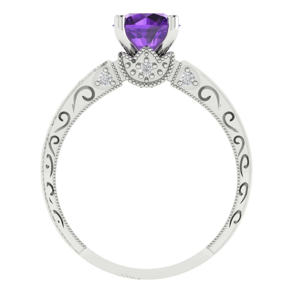 1.06 cttw Natural Amethyst Solitaire with Zirconia Simulated Diamond Accents Engagement Ring - Solid White Gold (VVS1, Round Cut,6.5mm)