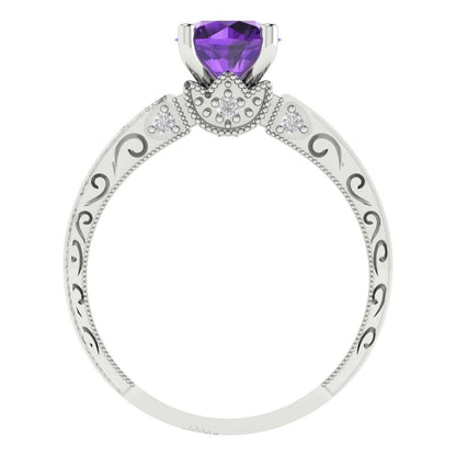 1.06 cttw Natural Amethyst Solitaire with Zirconia Simulated Diamond Accents Engagement Ring - Solid White Gold (VVS1, Round Cut,6.5mm)