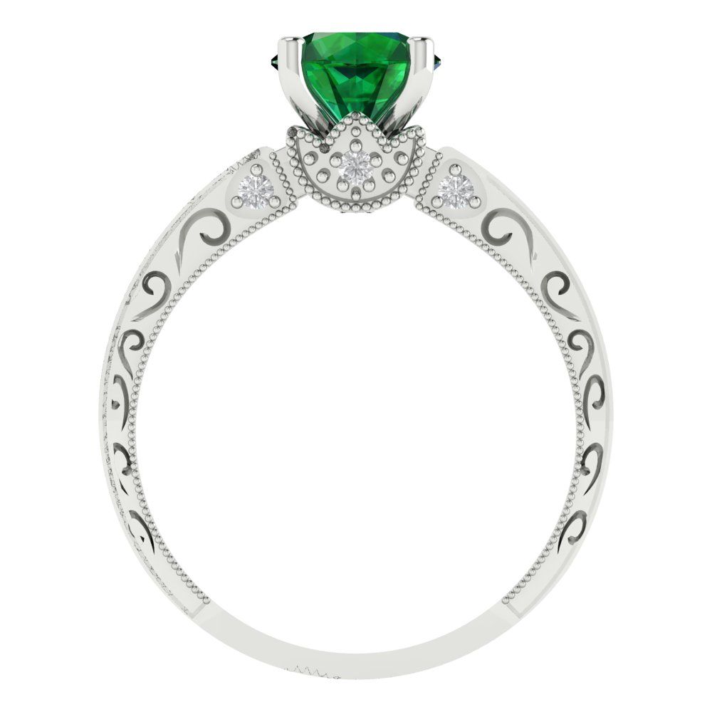1.06 cttw Simulated Emerald Solitaire with Zirconia Simulated Diamond Accents Engagement Ring - Solid Gold (Round Cut,6.5mm)