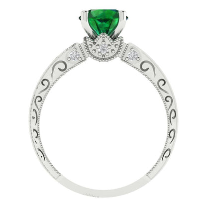 1.06 cttw Simulated Emerald Solitaire with Zirconia Simulated Diamond Accents Engagement Ring - Solid Gold (Round Cut,6.5mm)