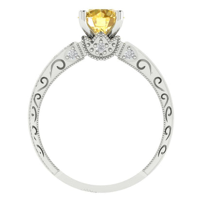 1.06 cttw Zirconia Simulated Yellow Diamond Solitaire with Zirconia Simulated Diamond Accents Engagement Ring - Solid Gold (VVS1, Round Cut,6.5mm)