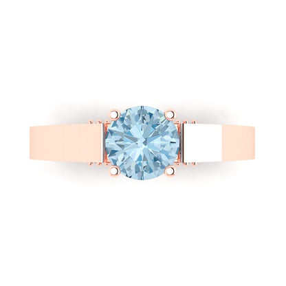 1.06 cttw Natural Swiss Blue Topaz Solitaire with Zirconia Simulated Diamond Accents Engagement Ring - Solid Gold (Round Cut,6.5mm)