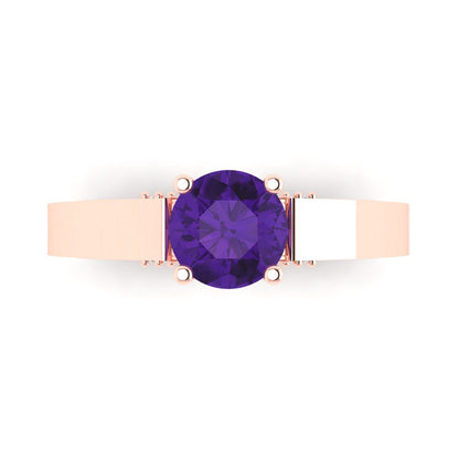 1.06 cttw Natural Amethyst Solitaire with Zirconia Simulated Diamond Accents Engagement Ring - Solid Gold (Round Cut,6.5mm)