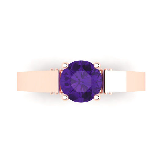 1.06 cttw Natural Amethyst Solitaire with Zirconia Simulated Diamond Accents Engagement Ring - Solid Rose Gold (VVS1, Round Cut,6.5mm)