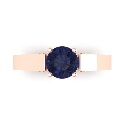1.06 cttw Simulated Blue Sapphire Solitaire with Zirconia Simulated Diamond Accents Engagement Ring - Solid Gold (Round Cut,6.5mm)