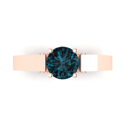 1.06 cttw Natural London Blue Topaz Solitaire with Zirconia Simulated Diamond Accents Engagement Ring - Solid Rose Gold (VVS1, Round Cut,6.5mm)