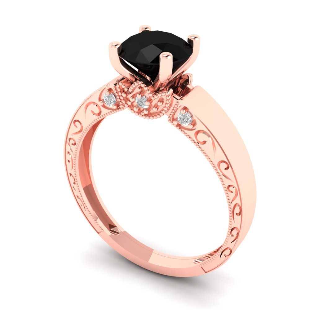 1.06 cttw Natural Onyx Solitaire with Zirconia Simulated Diamond Accents Engagement Ring - Solid Gold (Round Cut,6.5mm)