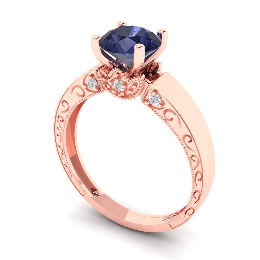 1.06 cttw Simulated Blue Sapphire Solitaire with Zirconia Simulated Diamond Accents Engagement Ring - Solid Gold (Round Cut,6.5mm)