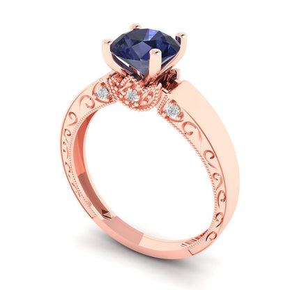 1.06 cttw Simulated Blue Sapphire Solitaire with Zirconia Simulated Diamond Accents Engagement Ring - Solid Gold (Round Cut,6.5mm)