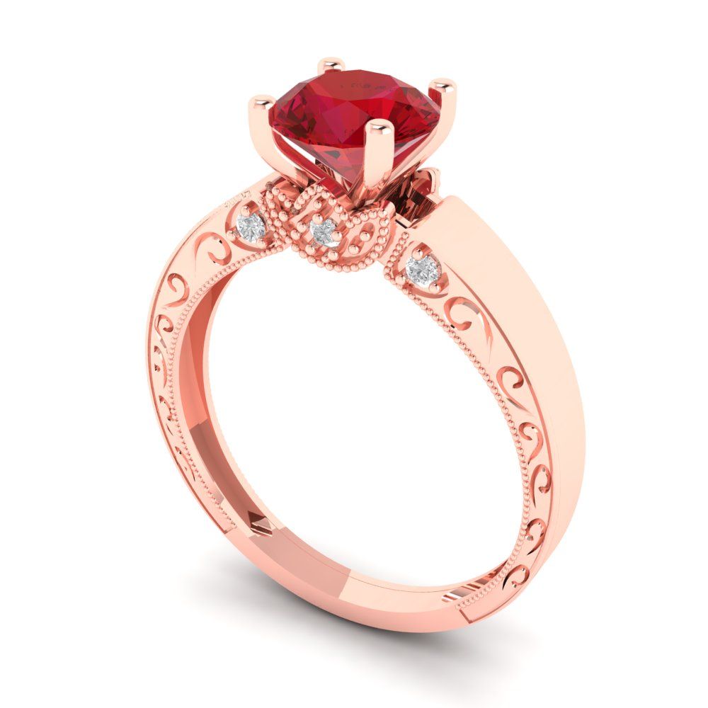 1.06 cttw Simulated Ruby Solitaire with Zirconia Simulated Diamond Accents Engagement Ring - Solid Rose Gold (VVS1, Round Cut,6.5mm)
