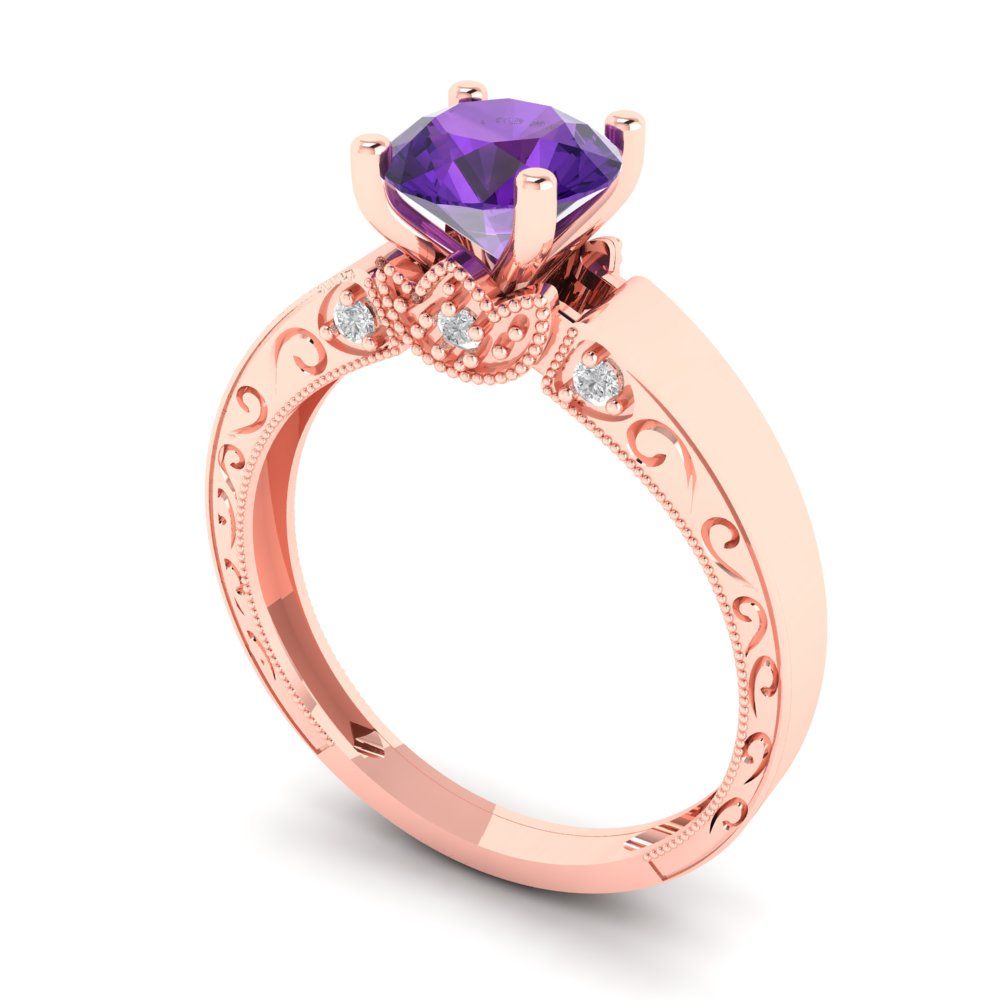 1.06 cttw Natural Amethyst Solitaire with Zirconia Simulated Diamond Accents Engagement Ring - Solid Gold (Round Cut,6.5mm)