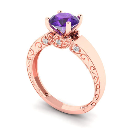 1.06 cttw Natural Amethyst Solitaire with Zirconia Simulated Diamond Accents Engagement Ring - Solid Gold (Round Cut,6.5mm)