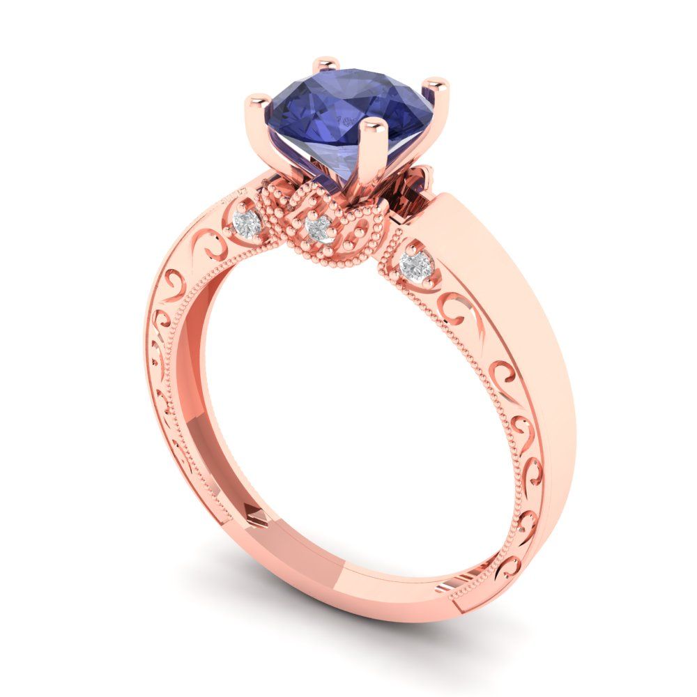 1.06 cttw Simulated Tanzanite Solitaire with Zirconia Simulated Diamond Accents Engagement Ring - Solid Gold (Round Cut,6.5mm)