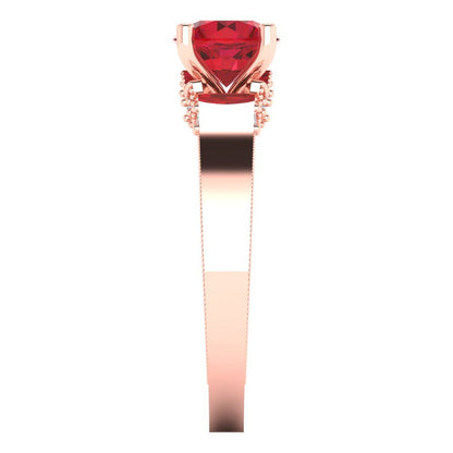 1.06 cttw Simulated Ruby Solitaire with Zirconia Simulated Diamond Accents Engagement Ring - Solid Rose Gold (VVS1, Round Cut,6.5mm)
