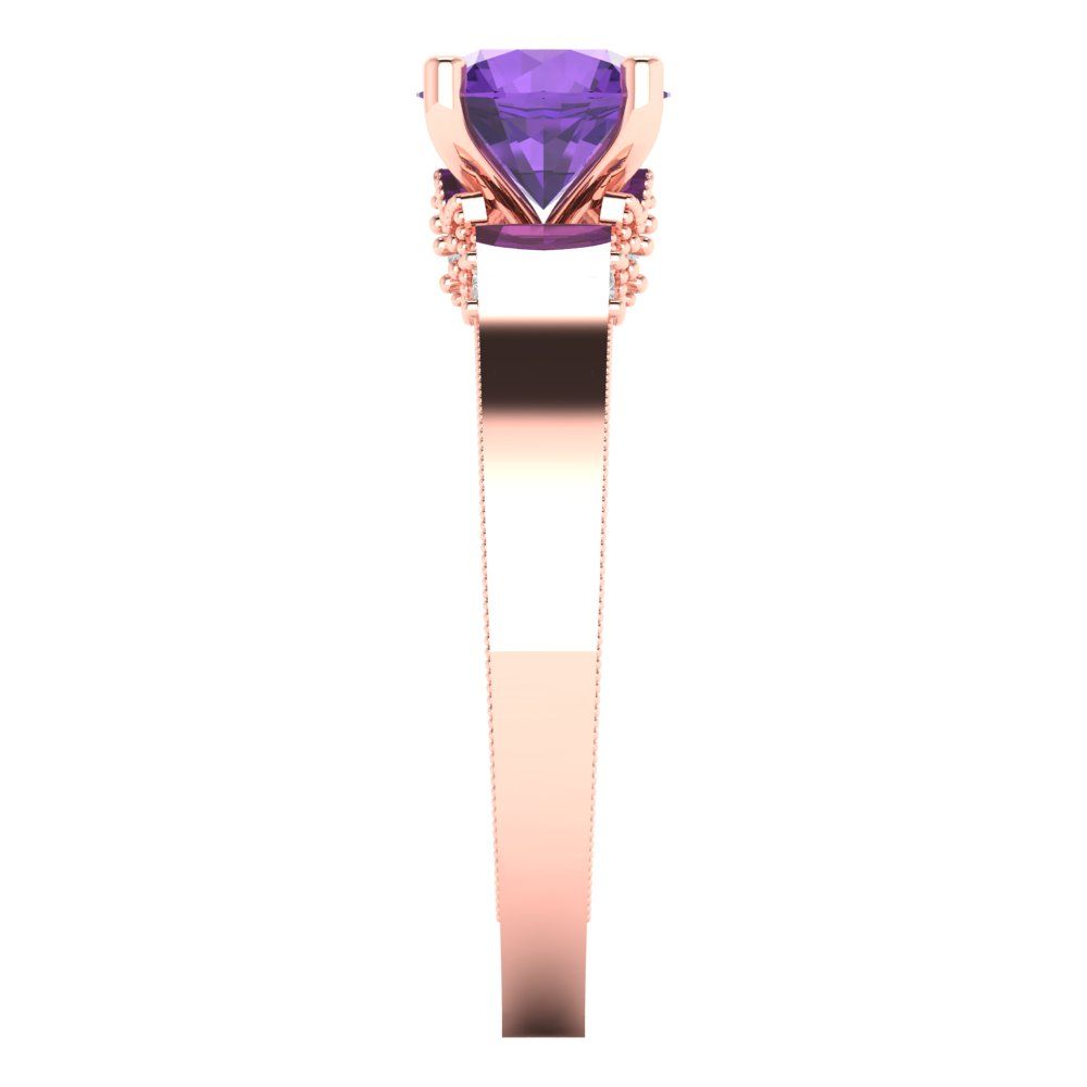 1.06 cttw Natural Amethyst Solitaire with Zirconia Simulated Diamond Accents Engagement Ring - Solid Gold (Round Cut,6.5mm)