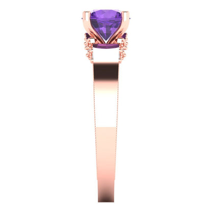 1.06 cttw Natural Amethyst Solitaire with Zirconia Simulated Diamond Accents Engagement Ring - Solid Gold (Round Cut,6.5mm)