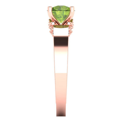 1.06 cttw Natural Peridot Solitaire with Zirconia Simulated Diamond Accents Engagement Ring - Solid Gold (Round Cut,6.5mm)