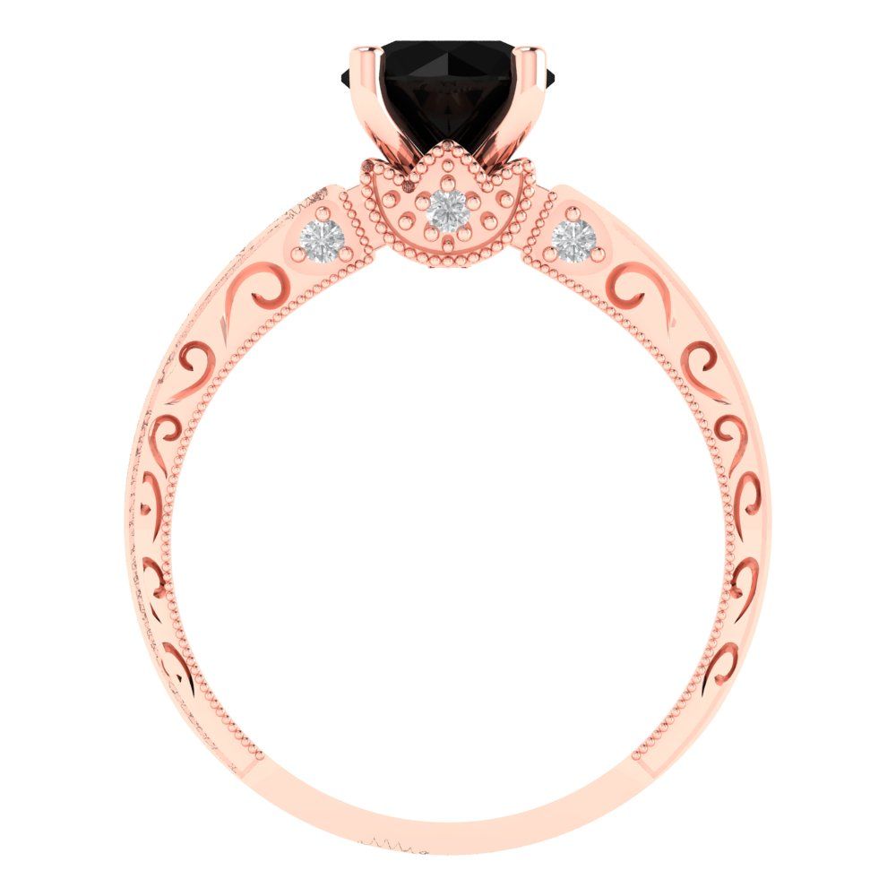 1.06 cttw Natural Onyx Solitaire with Zirconia Simulated Diamond Accents Engagement Ring - Solid Gold (Round Cut,6.5mm)