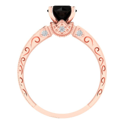 1.06 cttw Natural Onyx Solitaire with Zirconia Simulated Diamond Accents Engagement Ring - Solid Gold (Round Cut,6.5mm)