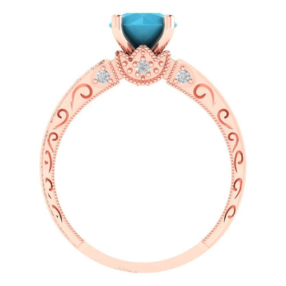 1.06 cttw Simulated Turquoise Solitaire with Zirconia Simulated Diamond Accents Engagement Ring - Solid Gold (Round Cut,6.5mm)