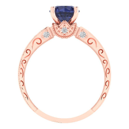 1.06 cttw Simulated Blue Sapphire Solitaire with Zirconia Simulated Diamond Accents Engagement Ring - Solid Gold (Round Cut,6.5mm)