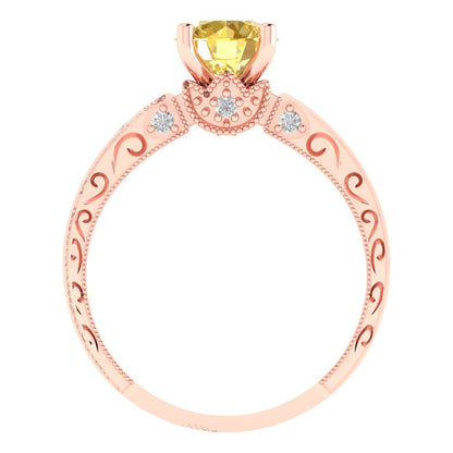 1.06 cttw Zirconia Simulated Yellow Diamond Solitaire with Zirconia Simulated Diamond Accents Engagement Ring - Solid Gold (VVS1, Round Cut,6.5mm)