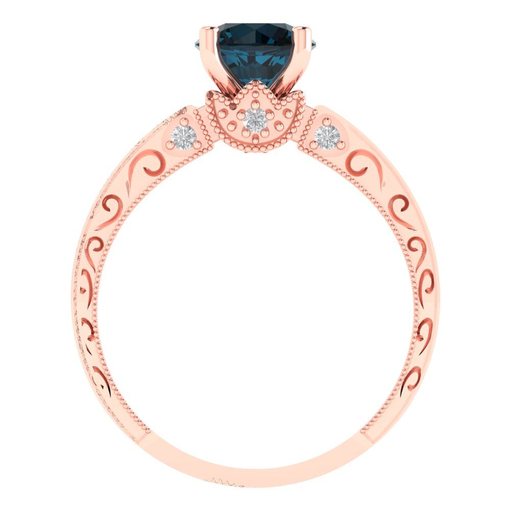 1.06 cttw Natural London Blue Topaz Solitaire with Zirconia Simulated Diamond Accents Engagement Ring - Solid Gold (Round Cut,6.5mm)