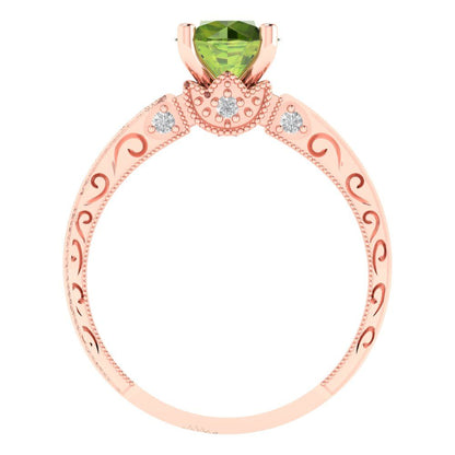 1.06 cttw Natural Peridot Solitaire with Zirconia Simulated Diamond Accents Engagement Ring - Solid Gold (Round Cut,6.5mm)