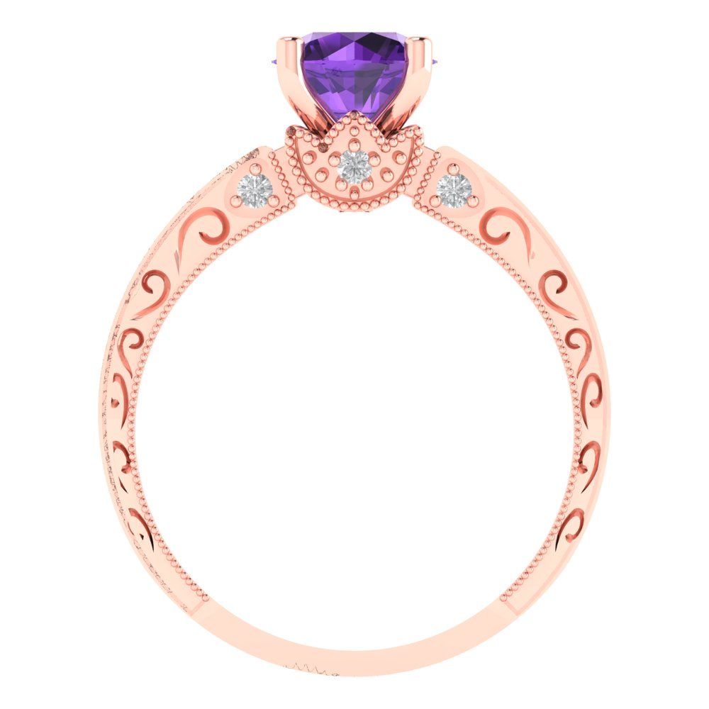 1.06 cttw Natural Amethyst Solitaire with Zirconia Simulated Diamond Accents Engagement Ring - Solid Gold (Round Cut,6.5mm)