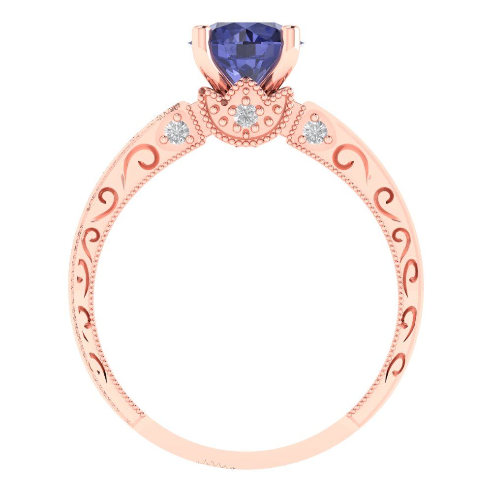 1.06 cttw Simulated Tanzanite Solitaire with Zirconia Simulated Diamond Accents Engagement Ring - Solid Gold (Round Cut,6.5mm)