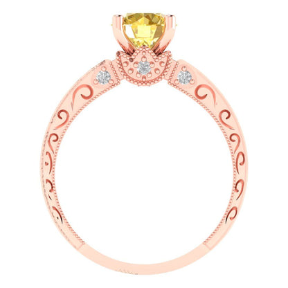 1.06 cttw Natural Citrine Solitaire with Zirconia Simulated Diamond Accents Engagement Ring - Solid Gold (Round Cut,6.5mm)