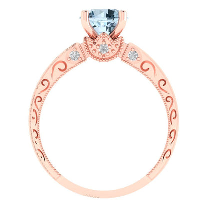 1.06 cttw Natural Aquamarine Solitaire with Zirconia Simulated Diamond Accents Engagement Ring - Solid Gold (Round Cut,6.5mm)