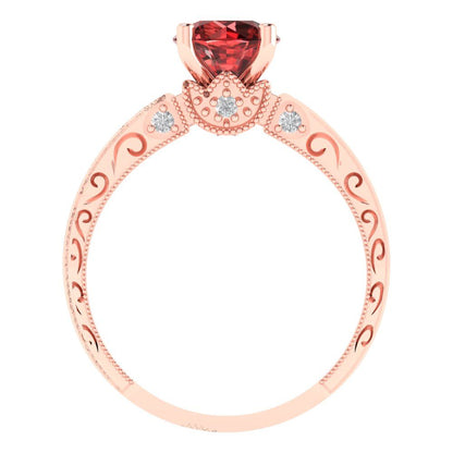 1.06 cttw Natural Garnet Solitaire with Zirconia Simulated Diamond Accents Engagement Ring - Solid Gold (Round Cut,6.5mm)