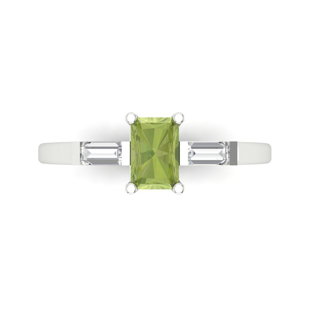 0.8 cttw Natural Peridot Three-Stone Engagement Ring - Solid White Gold (VVS1, Emerald Cut,6x4mm)