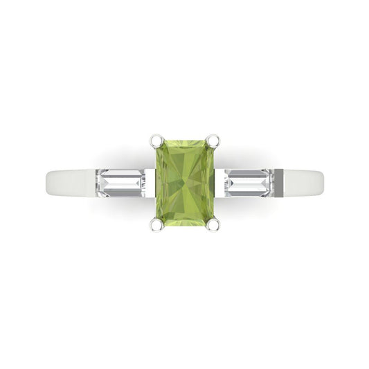 0.8 cttw Natural Peridot Three-Stone Engagement Ring - Solid White Gold (VVS1, Emerald Cut,6x4mm)