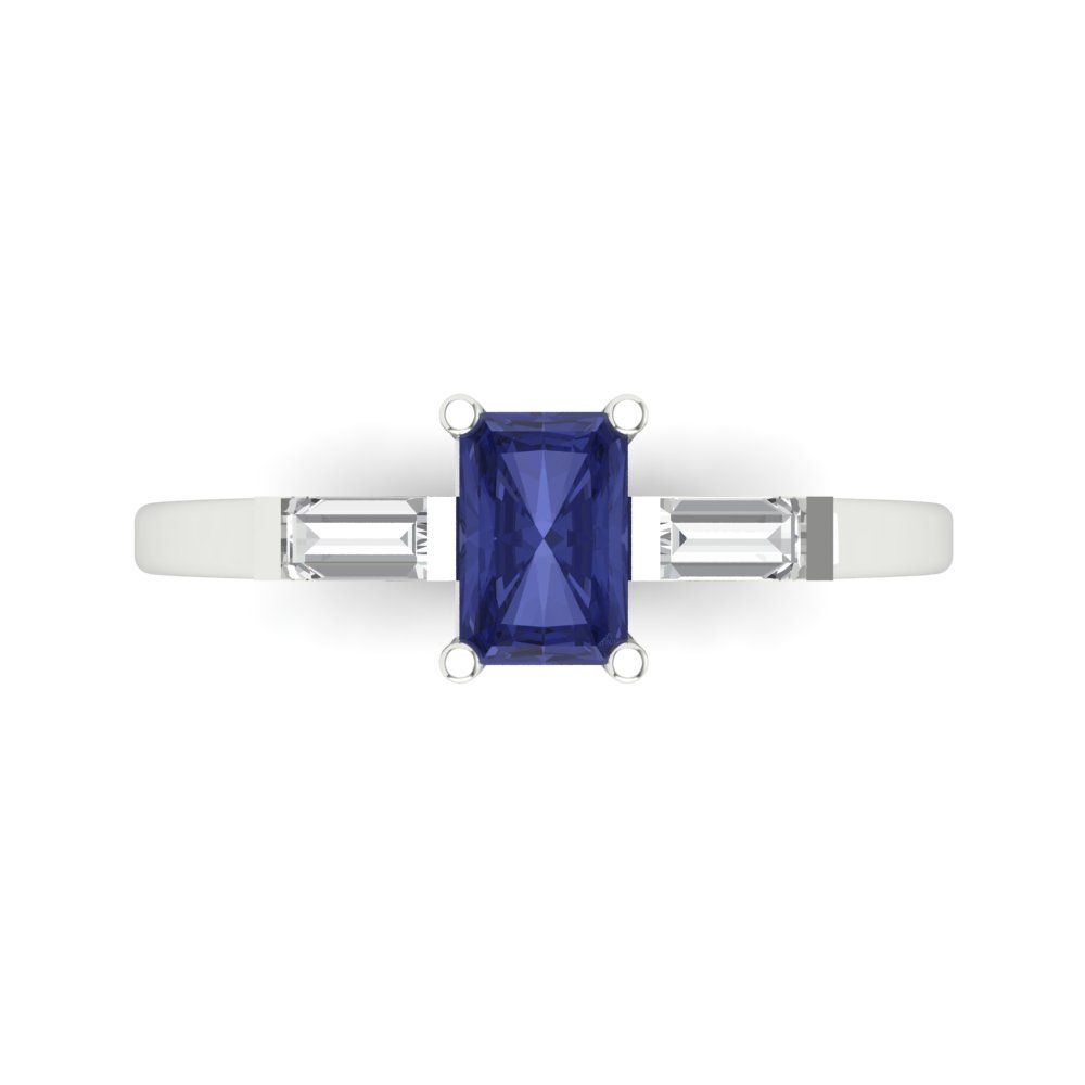 0.8 cttw Simulated Tanzanite Three-Stone Engagement Ring - Solid Gold (Emerald Cut,6x4mm)