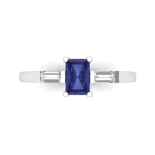 0.8 cttw Simulated Tanzanite Three-Stone Engagement Ring - Solid White Gold (VVS1, Emerald Cut,6x4mm)