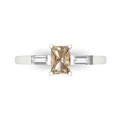 0.8 cttw Yellow Moissanite Three-Stone Engagement Ring - Solid Gold (Emerald Cut,6x4mm)