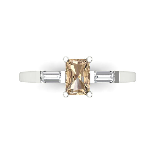 0.8 cttw Yellow Moissanite Three-Stone Engagement Ring - Solid White Gold (VVS1, Emerald Cut,6x4mm)