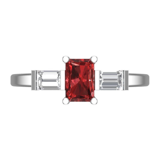 0.8 cttw Natural Garnet Three-Stone Engagement Ring - Solid White Gold (VVS1, Emerald Cut,6x4mm)