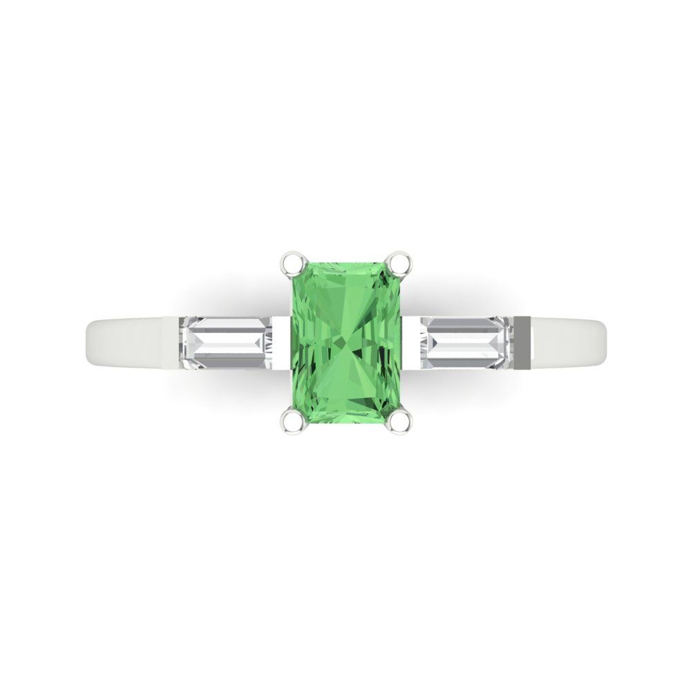 0.8 cttw Zirconia Simulated Green Diamond Three-Stone Engagement Ring - Solid White Gold (VVS1, Emerald Cut,6x4mm)